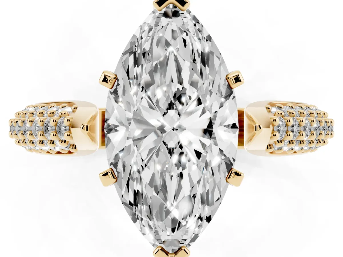 Marquise Cut Diamond Solitaire Engagement Ring with Multi-Row Round Pavé Band and Prong Setting Yellow gold