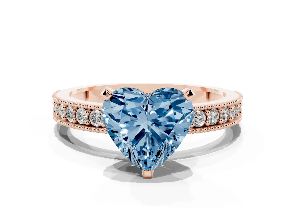 Fancy Blue Heart Cut Diamond Milgrain Pavé Engagement Ring with Four-Prong Setting Rose gold