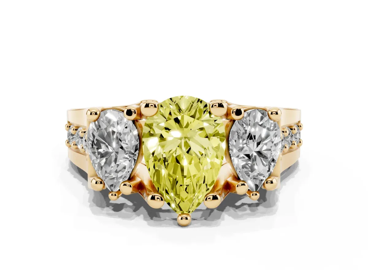Fancy Yellow Pear Cut Diamond Three-Stone Ring with Channel Set Band and Four-Prong Setting Yellow gold