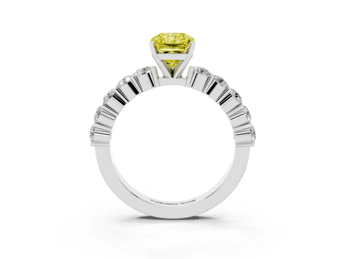 Fancy Yellow Radiant Cut Diamond Solitaire Ring with Shared Prong Round Side Stones Platinum