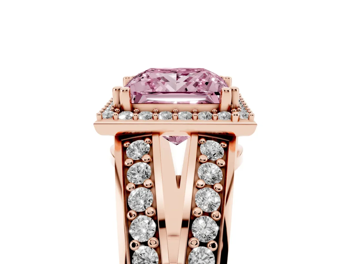Fancy Pink Princess Cut Diamond Halo Ring with Split Shank Pavé Band and Four-Prong Setting Rose gold