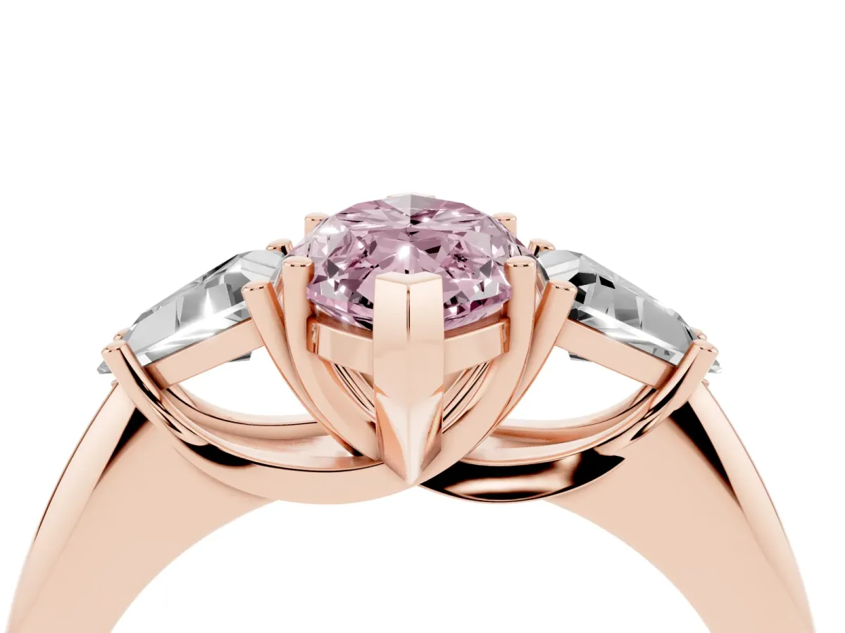 Fancy Pink Three-Stone Marquise Cut Diamond Engagement Ring with Trillion Side Stones and Prong Setting Rose gold