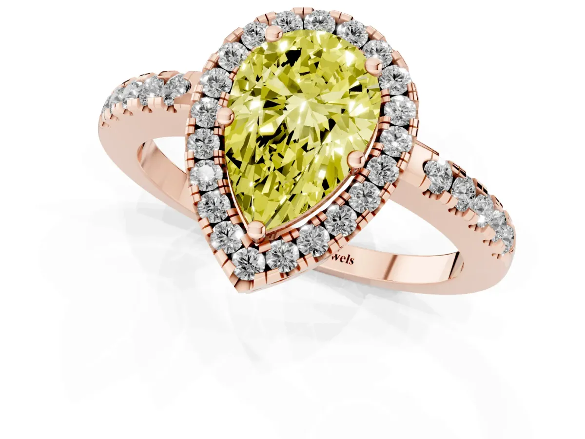 Fancy Yellow Pear Cut Halo Diamond Engagement Ring with Pavé Band and Four-Prong Setting Rose gold