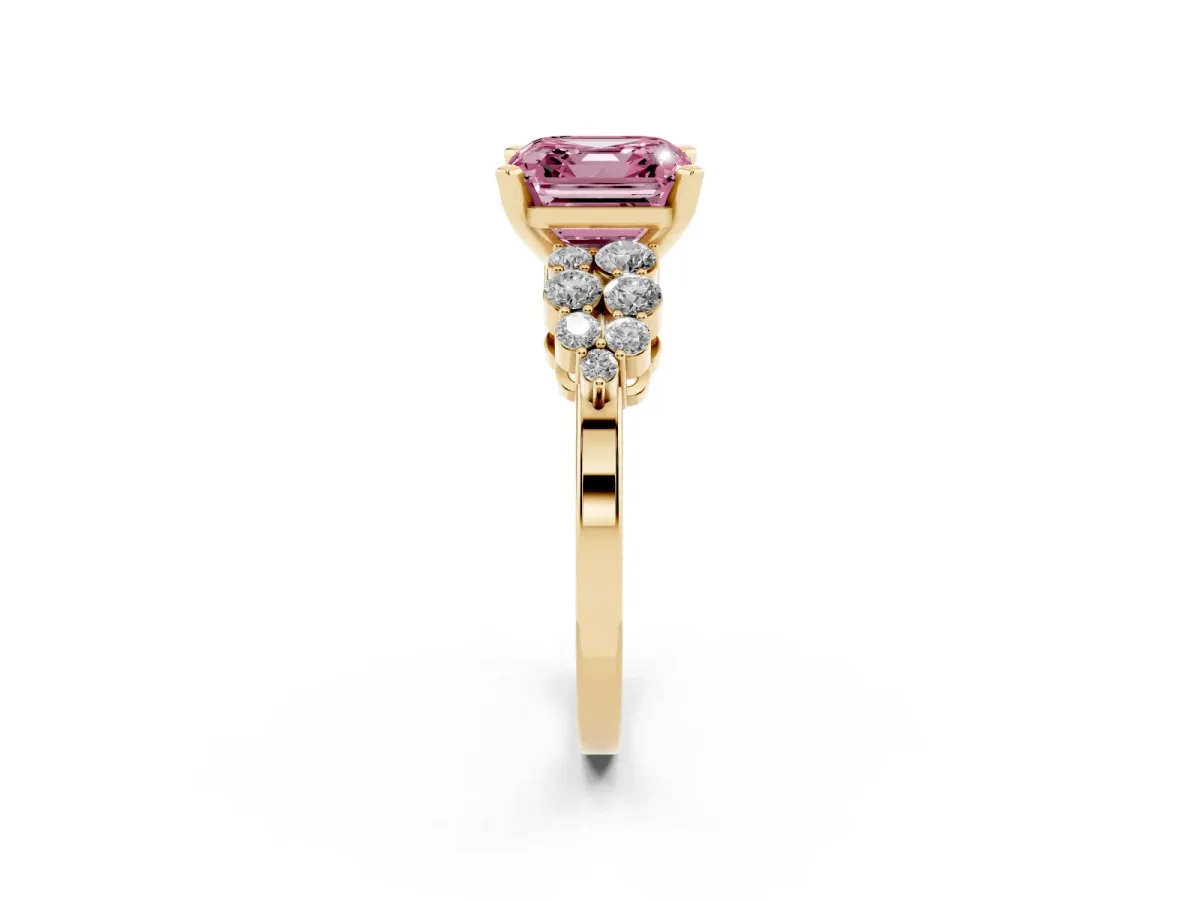 Fancy Pink Asscher Cut Cluster Diamond Engagement Ring with Pavé Band and Four-Prong Setting Yellow gold
