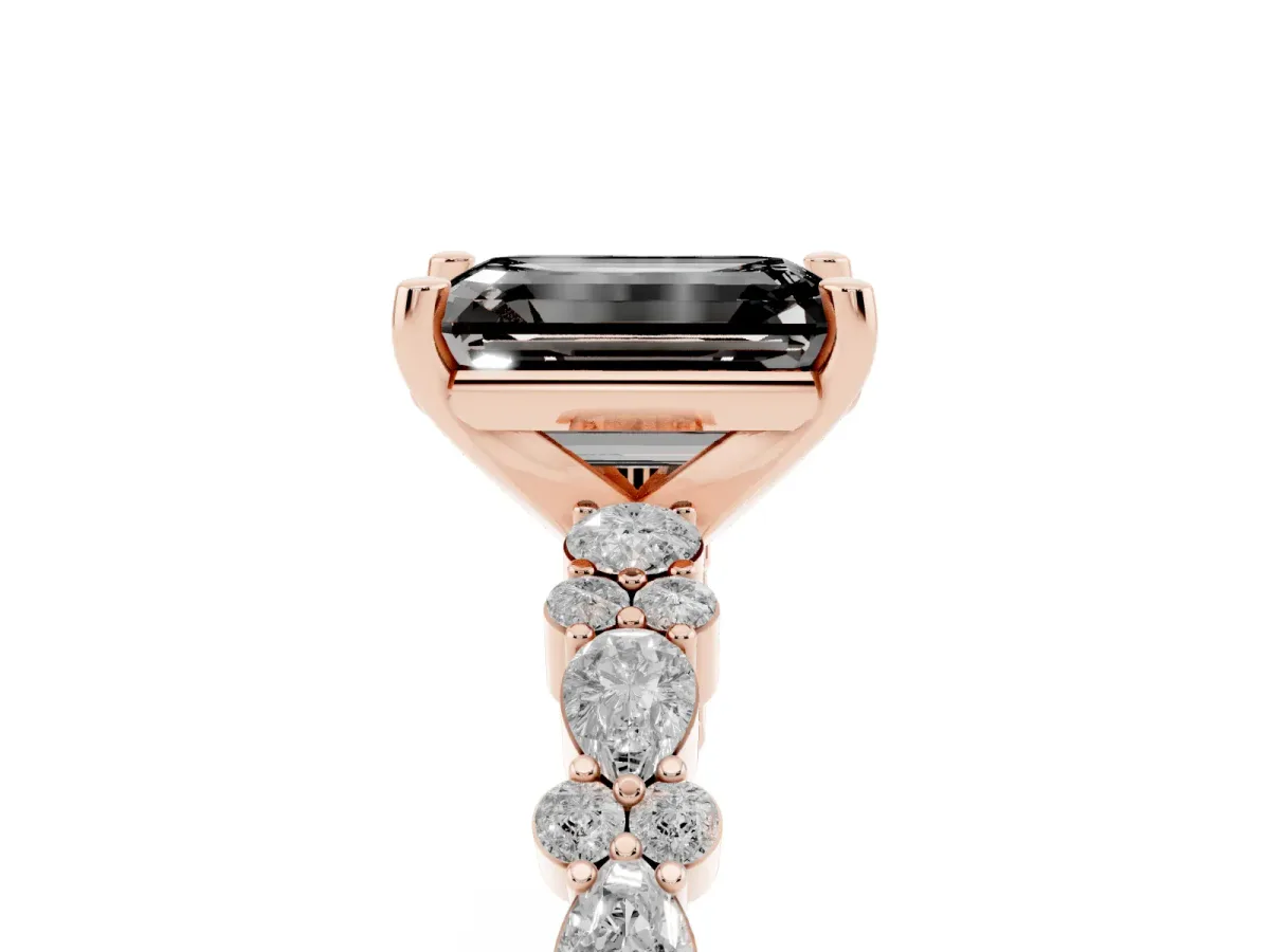 Fancy Black Emerald Cut Diamond Side Stone Solitaire Ring with Round and Four-Prong Setting Rose gold