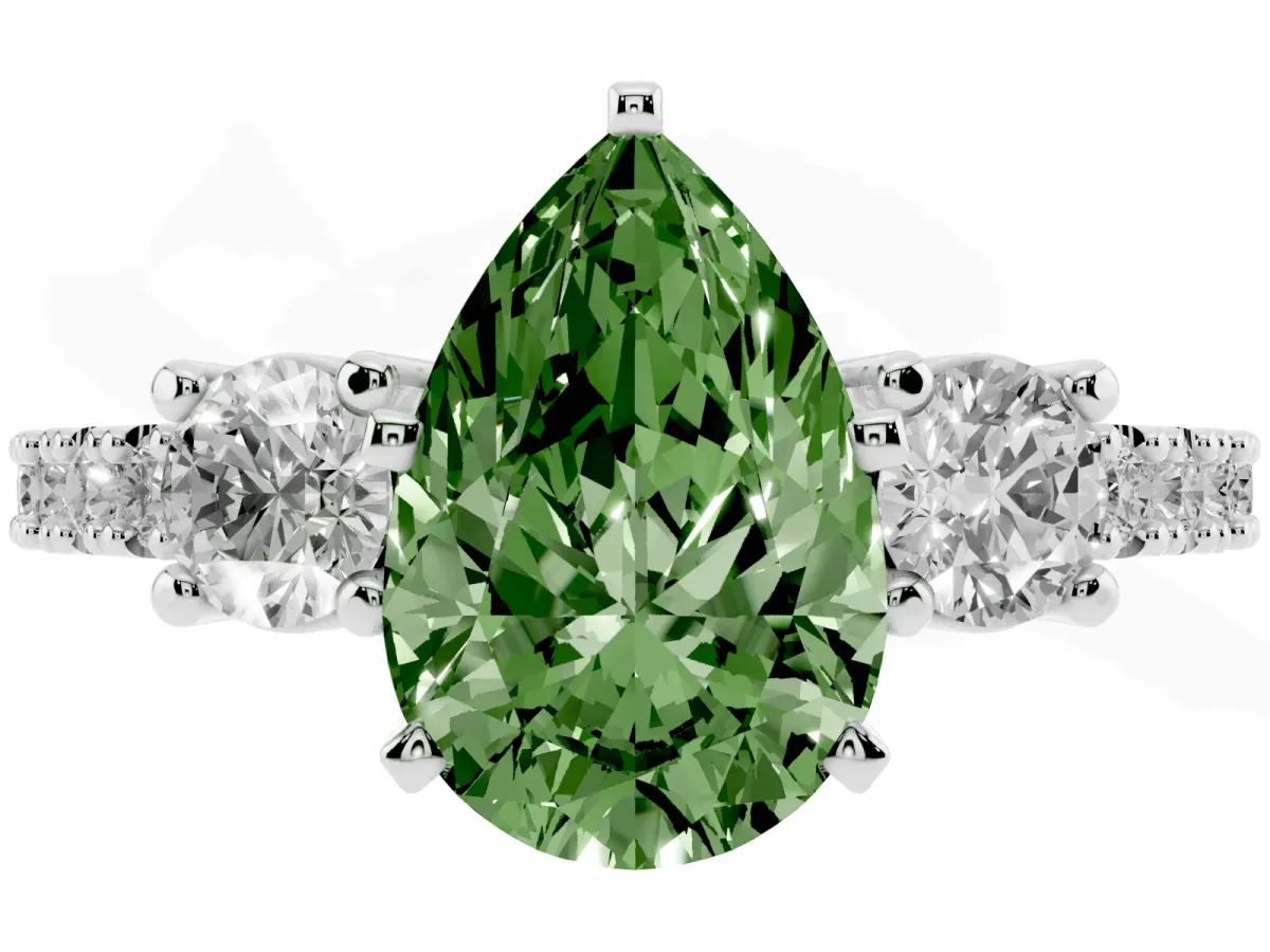 Fancy Green Pear Cut Three-Stone Diamond Pavé Band with Prong Setting Silver