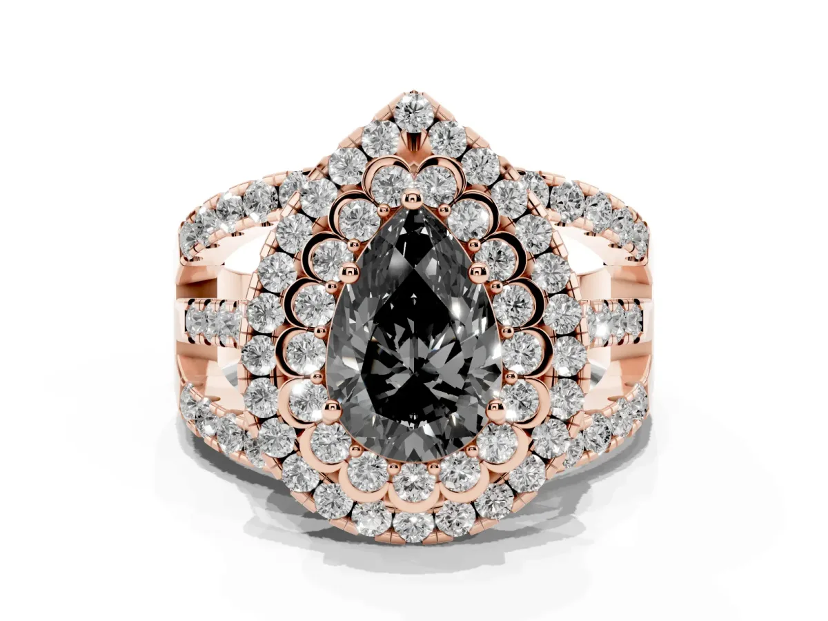 Fancy Black Pear Cut Diamond Double Halo Ring with Round Pavé Split Shank and Prong Setting Rose gold
