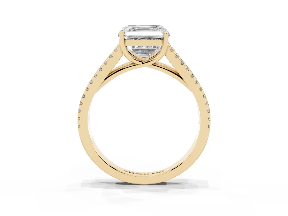 Asscher Cut Diamond Solitaire Engagement Ring with Split Shank Pavé Band Yellow gold