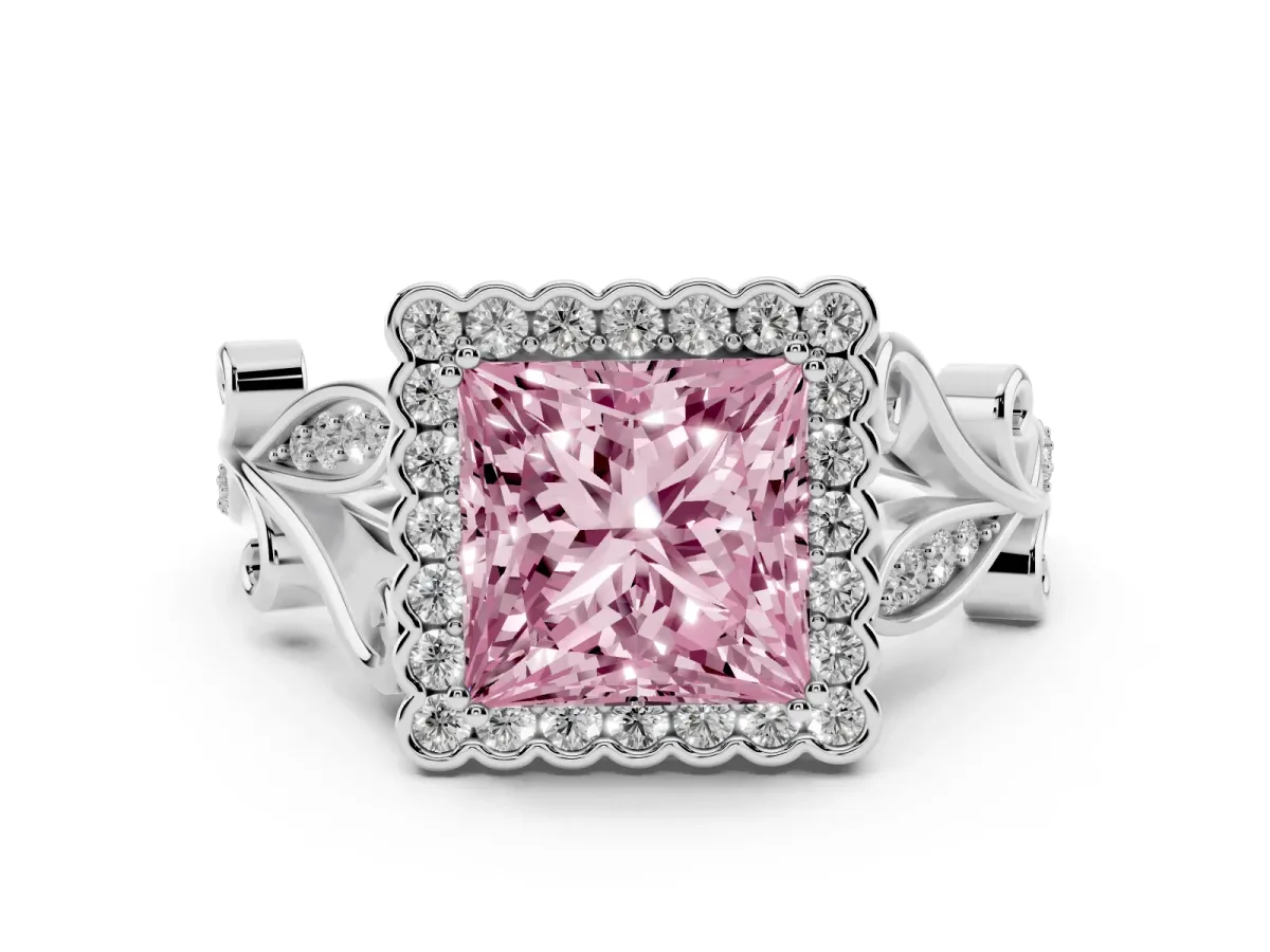 Fancy Pink Princess Cut Diamond Halo Ring with Vintage Split Shank and Four-Prong Setting Silver