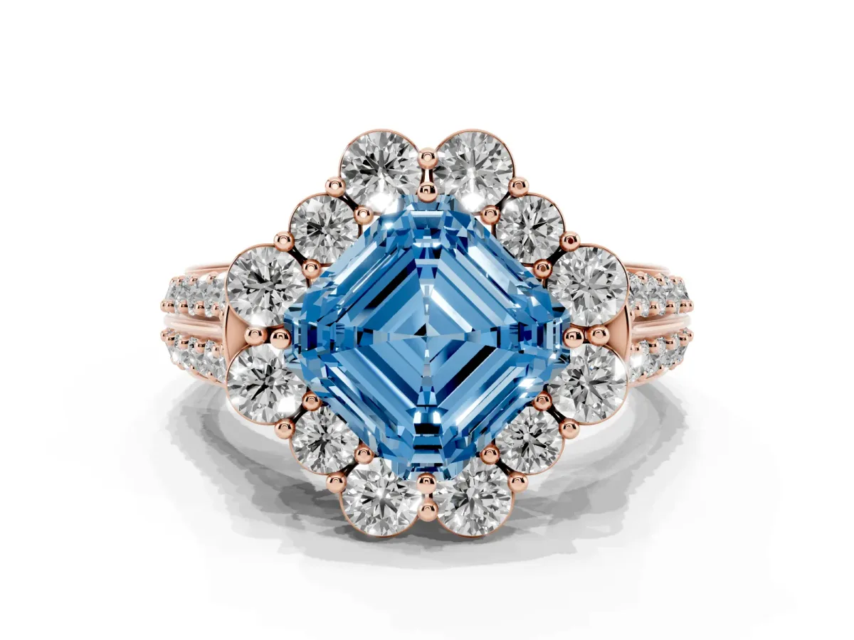 Fancy Blue Asscher Cut Halo Diamond Engagement Ring with Split Shank and Prong Setting Rose gold