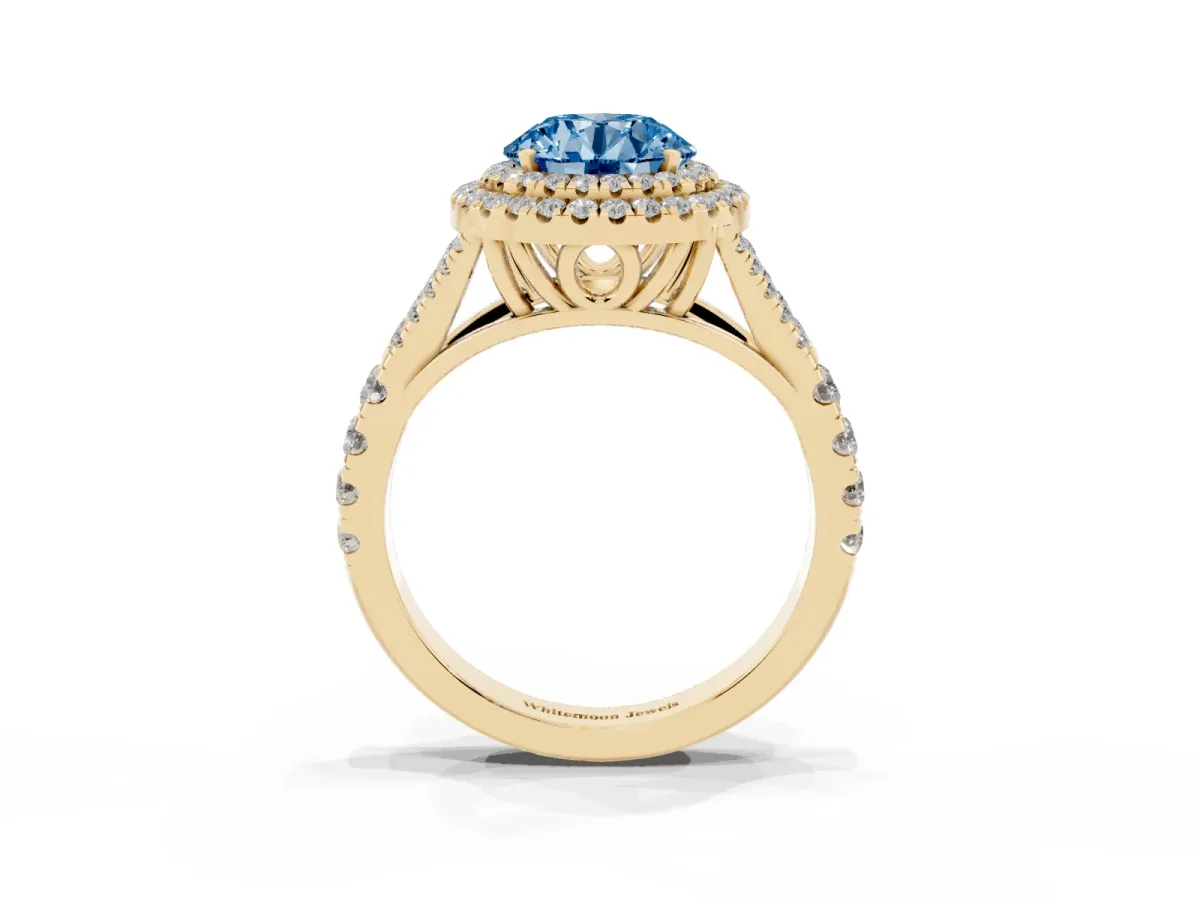 Fancy Blue Round Cut Diamond Pavé Split Shank Double Halo Engagement Ring Yellow gold