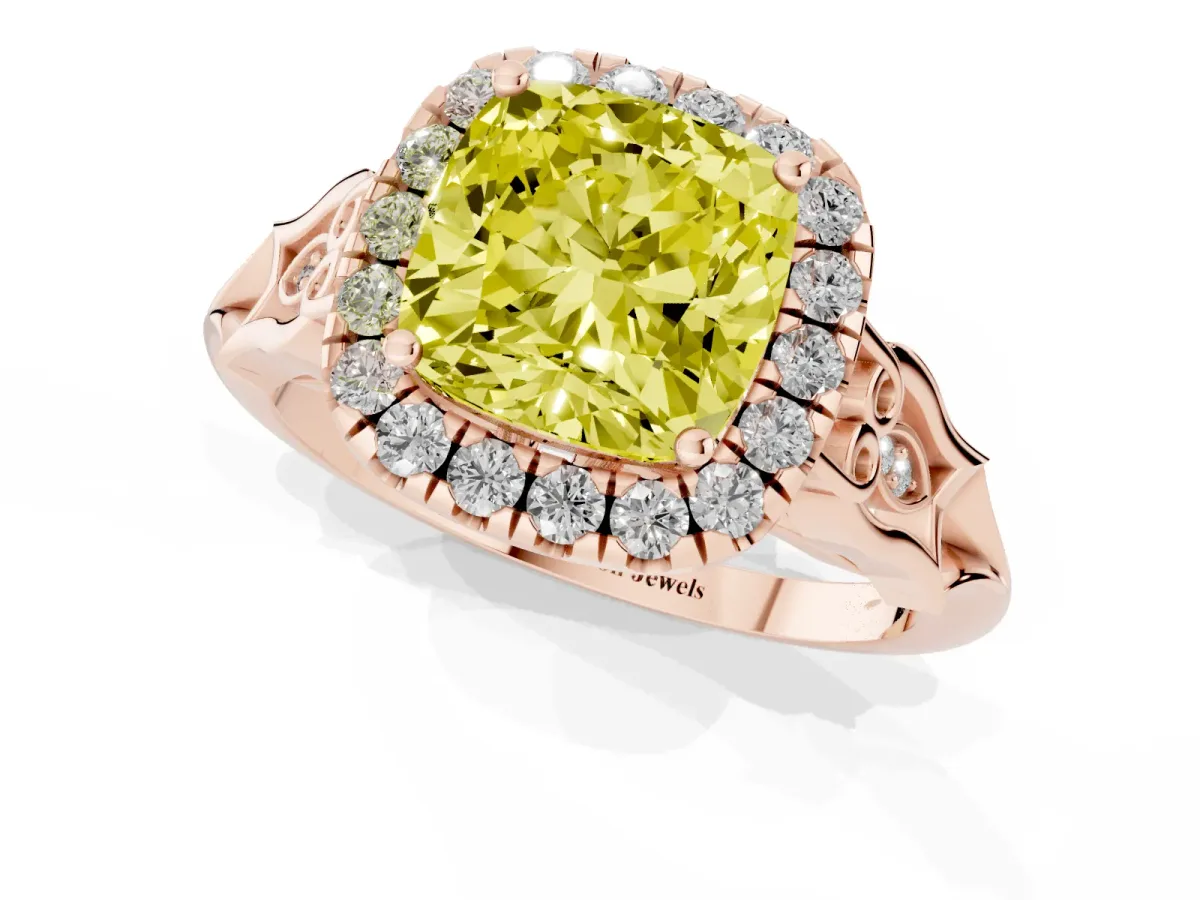 Fancy Yellow Cushion Cut Halo Diamond Engagement Ring with Filigree Band and Four-Prong Setting Rose gold