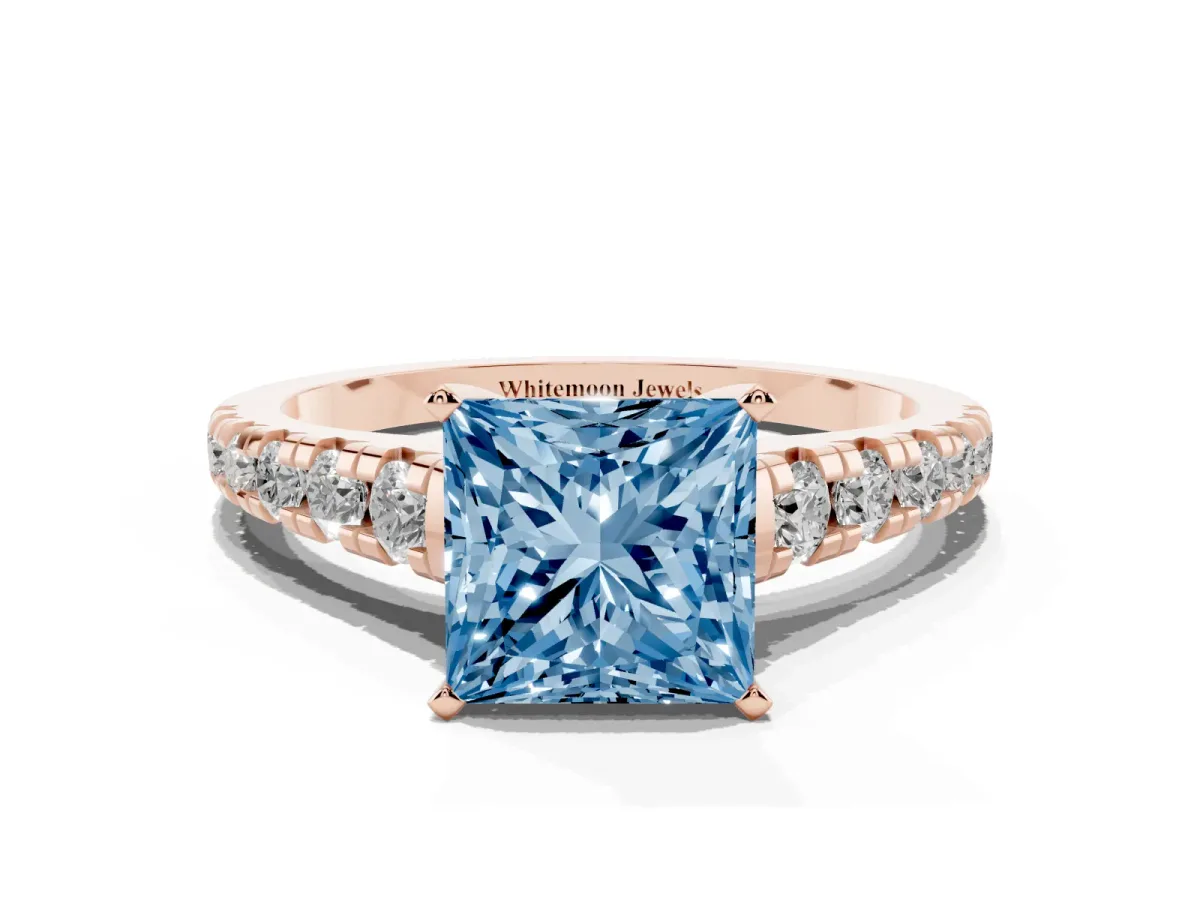 Fancy Blue Princess Cut Diamond Cathedral Solitaire Ring with Round Pavé Band Rose gold