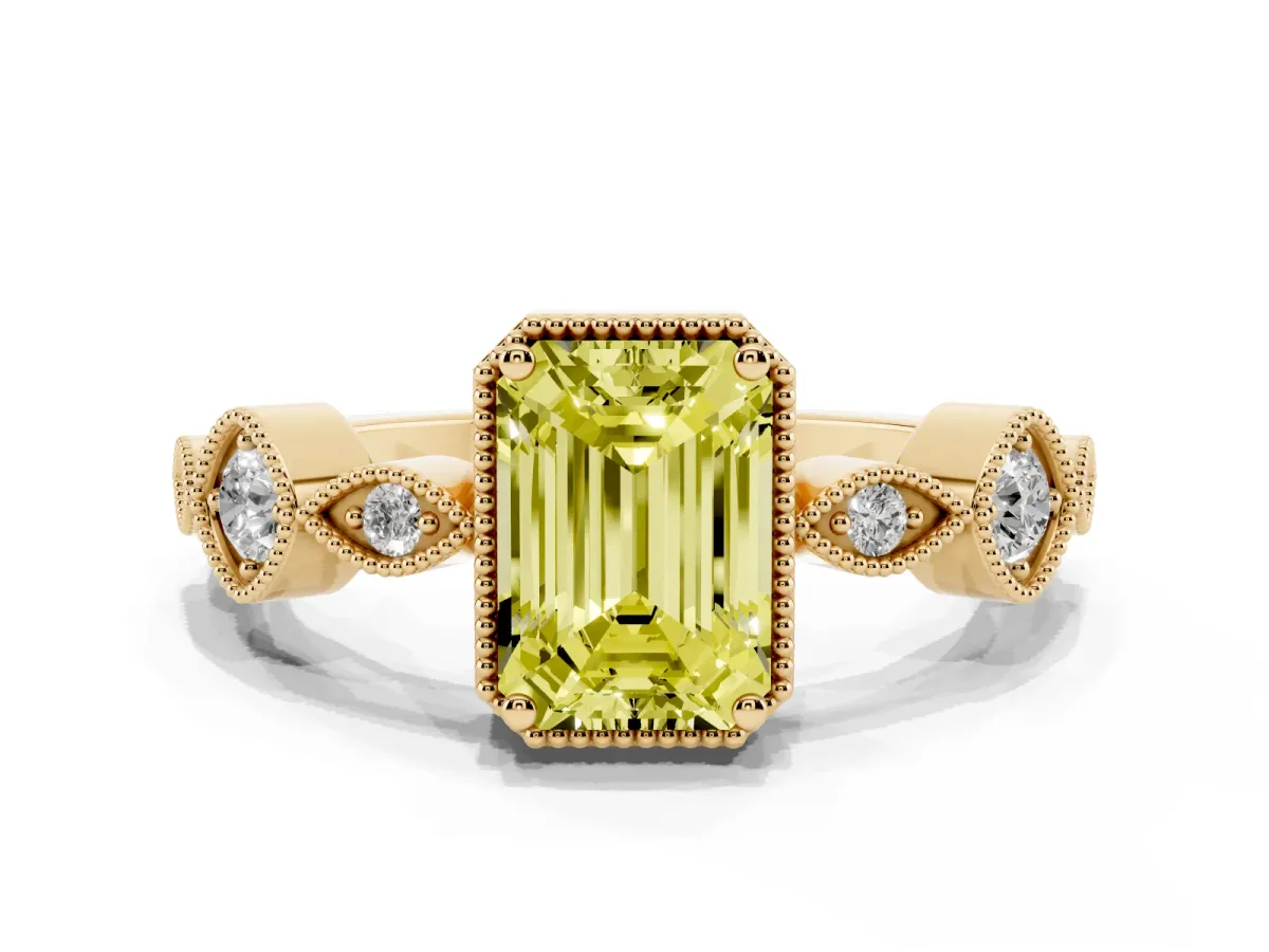 Fancy Yellow Emerald Cut Diamond Vintage Milgrain Ring with Round Stations Yellow gold