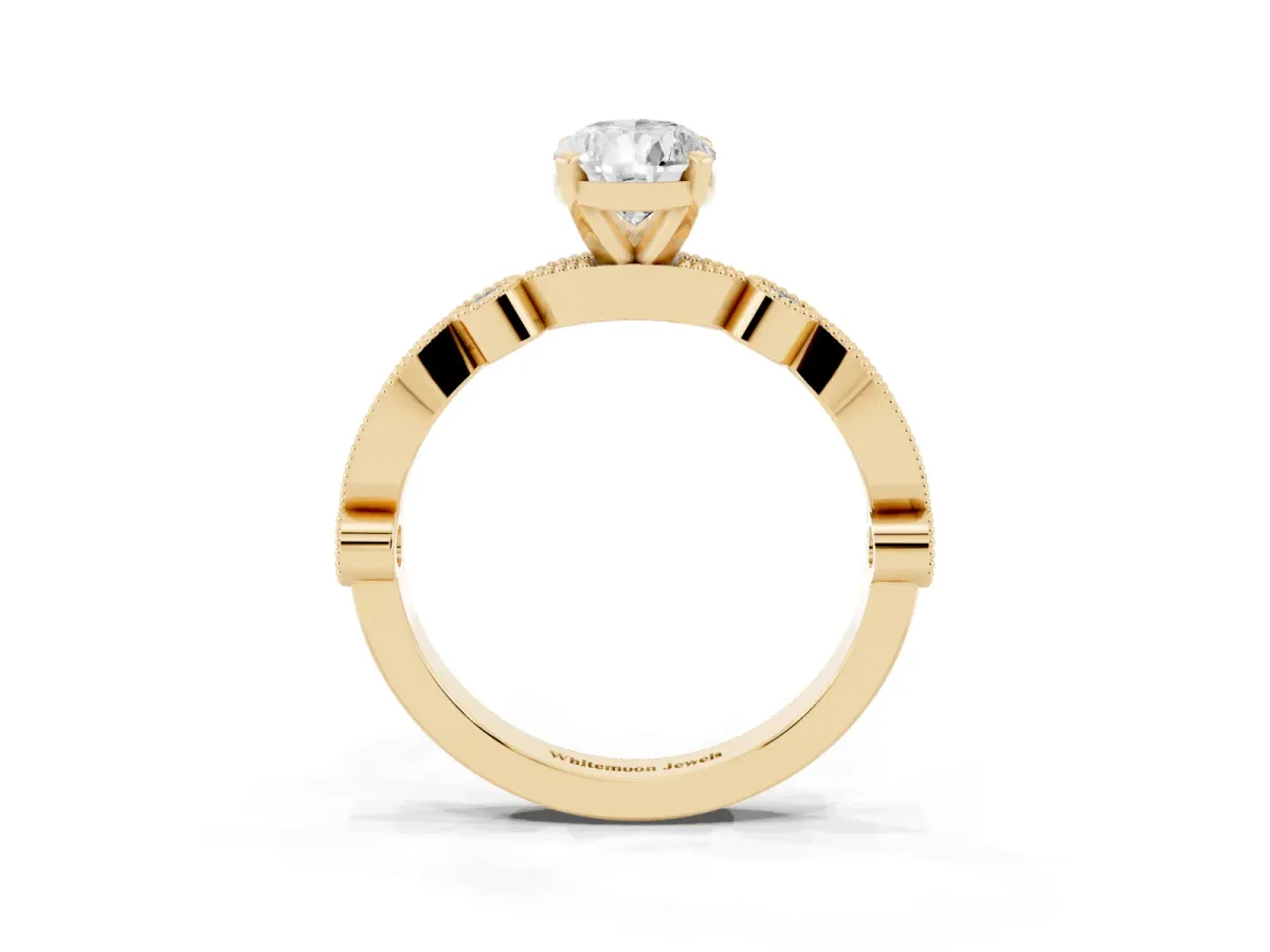Pear Cut Milgrain Bezel Diamond Engagement Ring with Solitaire Prong Setting Yellow gold
