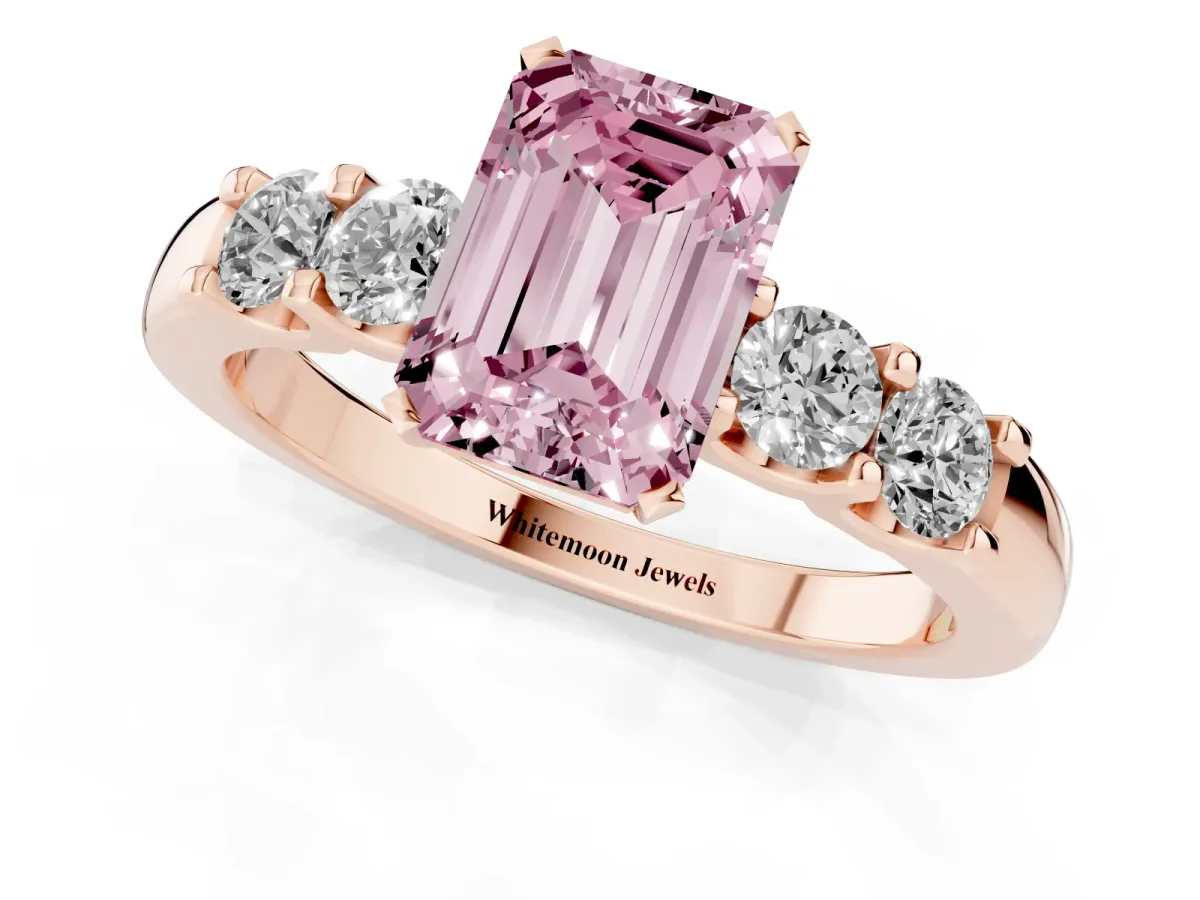 Fancy Pink Emerald Cut Brilliant Cut Diamond Five-Stone Prong Set Engagement Ring with Channel Band Rose gold
