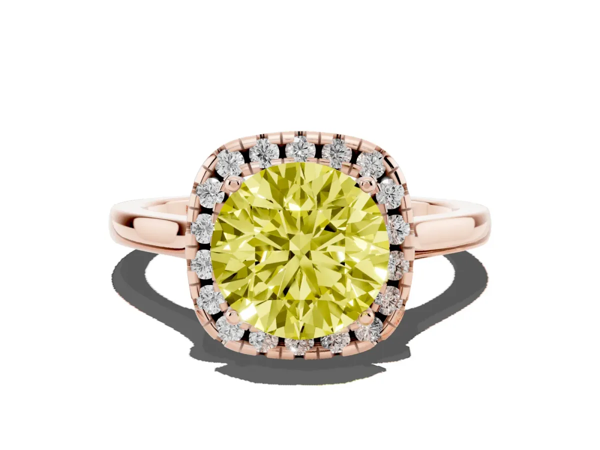 Fancy Yellow Round Cut Halo Round Diamond Solitaire Ring with Pavé Band and Four-Prong Setting Rose gold