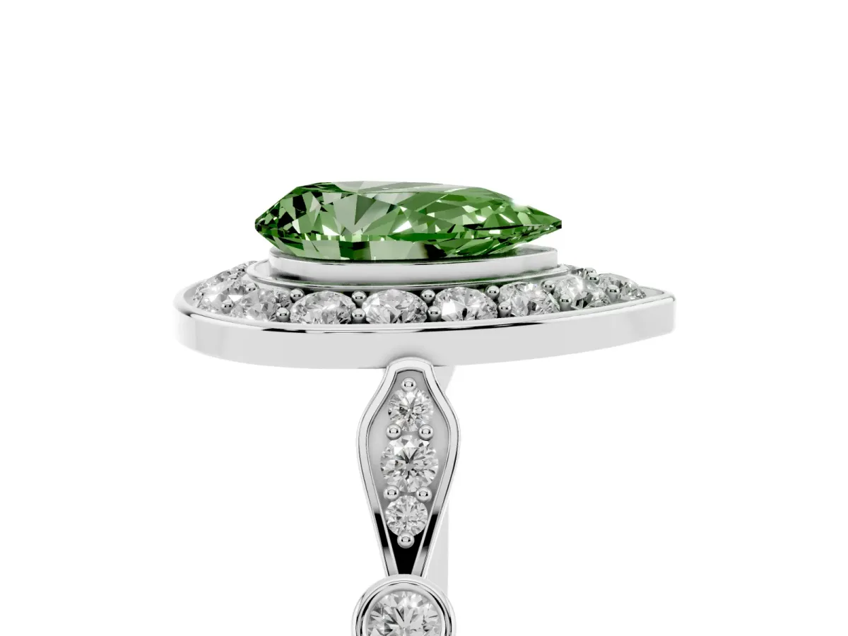 Fancy Green Pear Cut Halo Diamond Engagement Ring with Twisted Band and Four-Prong Setting Platinum