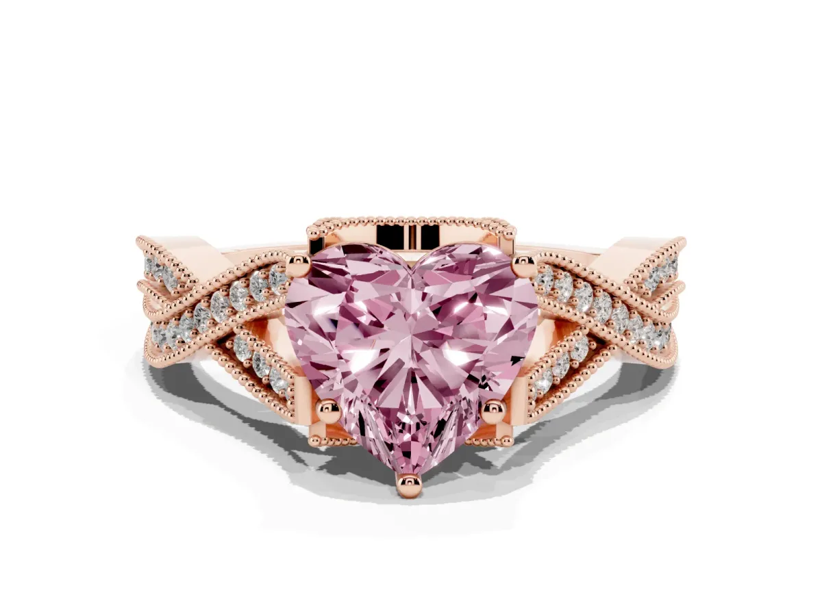 Fancy Pink Heart Cut Cut Diamond Twisted Band with Milgrain Pave Setting and Four-Prong Setting Rose gold