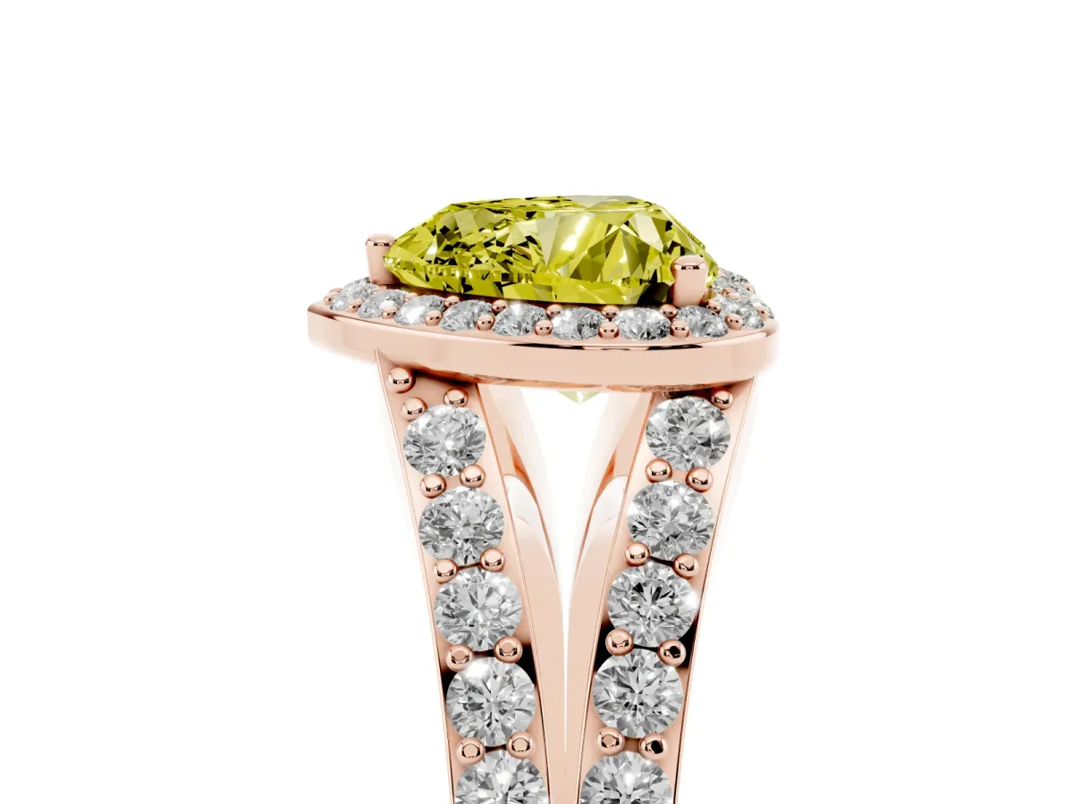 Fancy Yellow Heart Cut Diamond Split Shank Halo Ring with Four-Prong Setting Rose gold