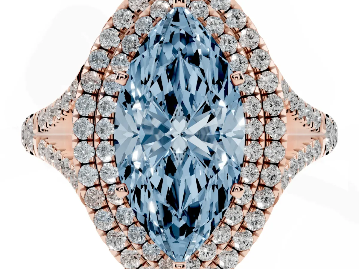 Fancy Blue Marquise Cut Cut Double Halo Split Shank Diamond Ring with Prong Setting Rose gold