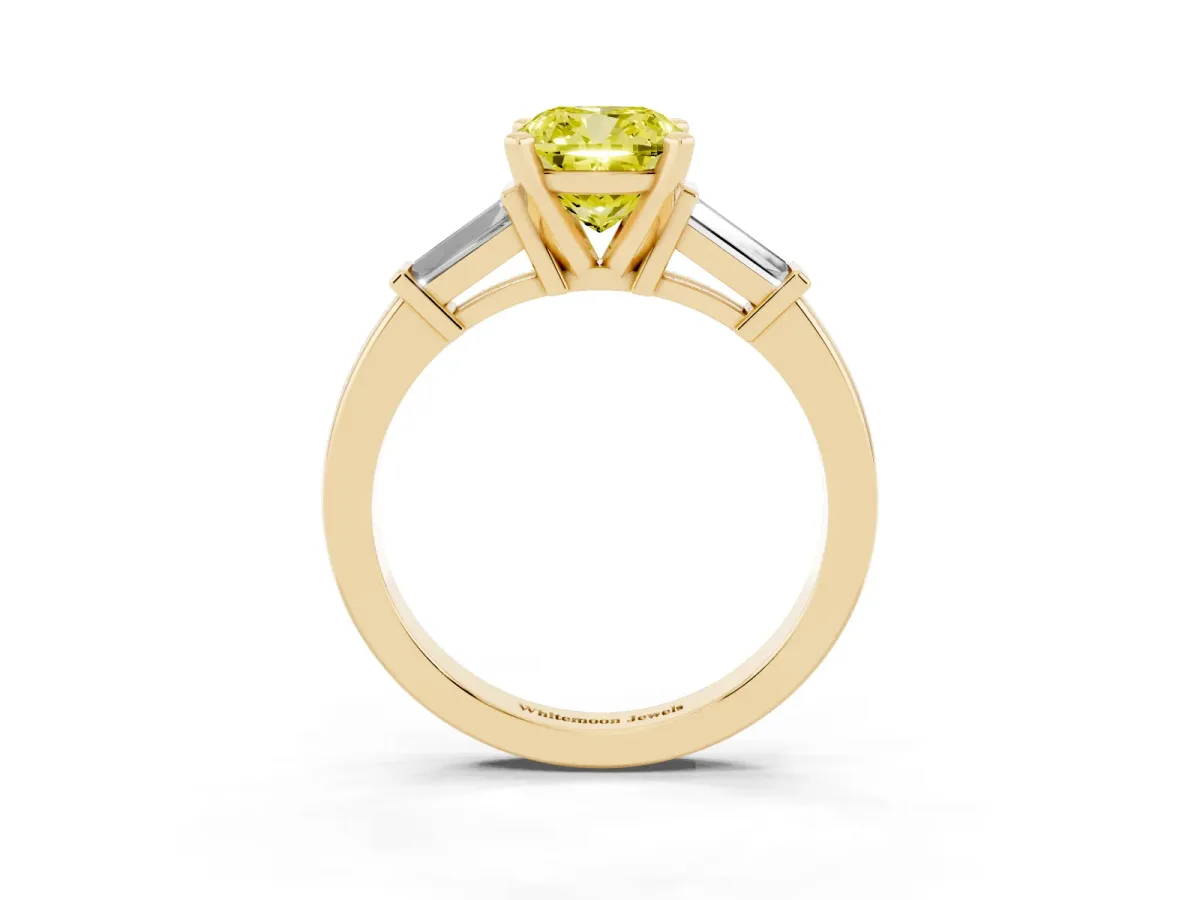 Fancy Yellow Cushion Cut Cut Diamond Solitaire Ring with Tapered Baguette Accents and Four-Prong Setting Yellow gold