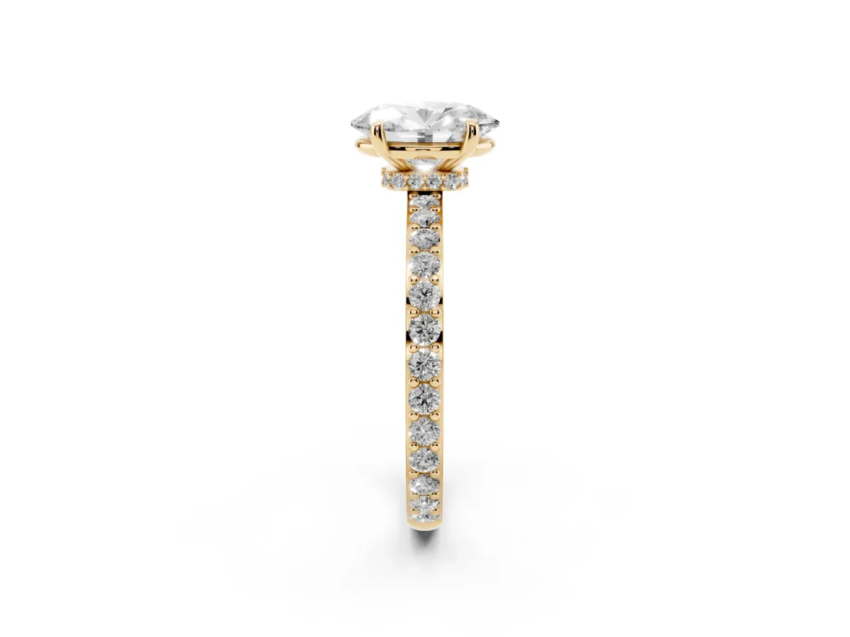 Oval Cut Diamond Pavé Engagement Ring with Round Accents and Prong Setting Yellow gold