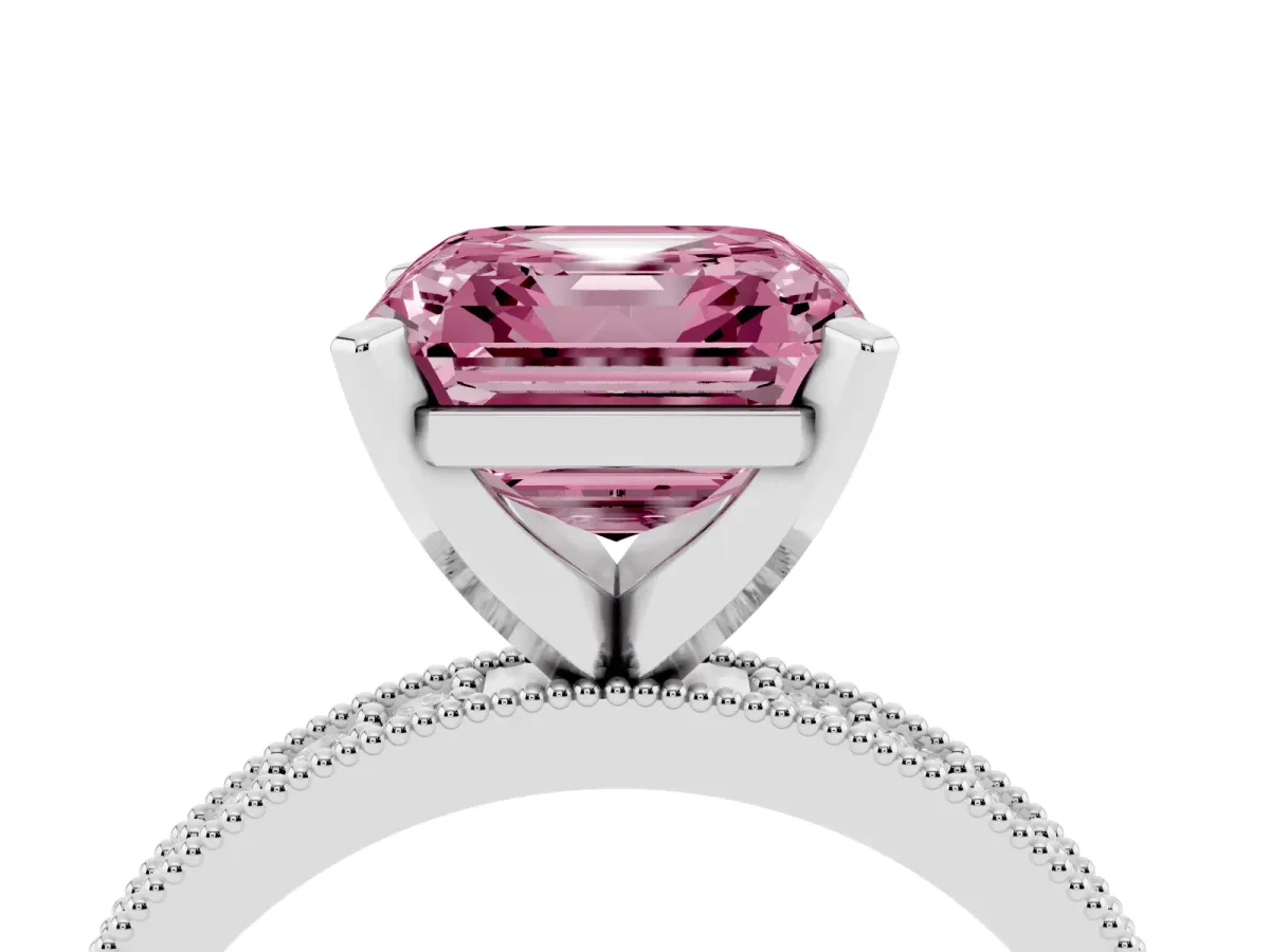 Fancy Pink Asscher Cut Diamond Milgrain Pavé Engagement Ring with Four-Prong Setting Silver
