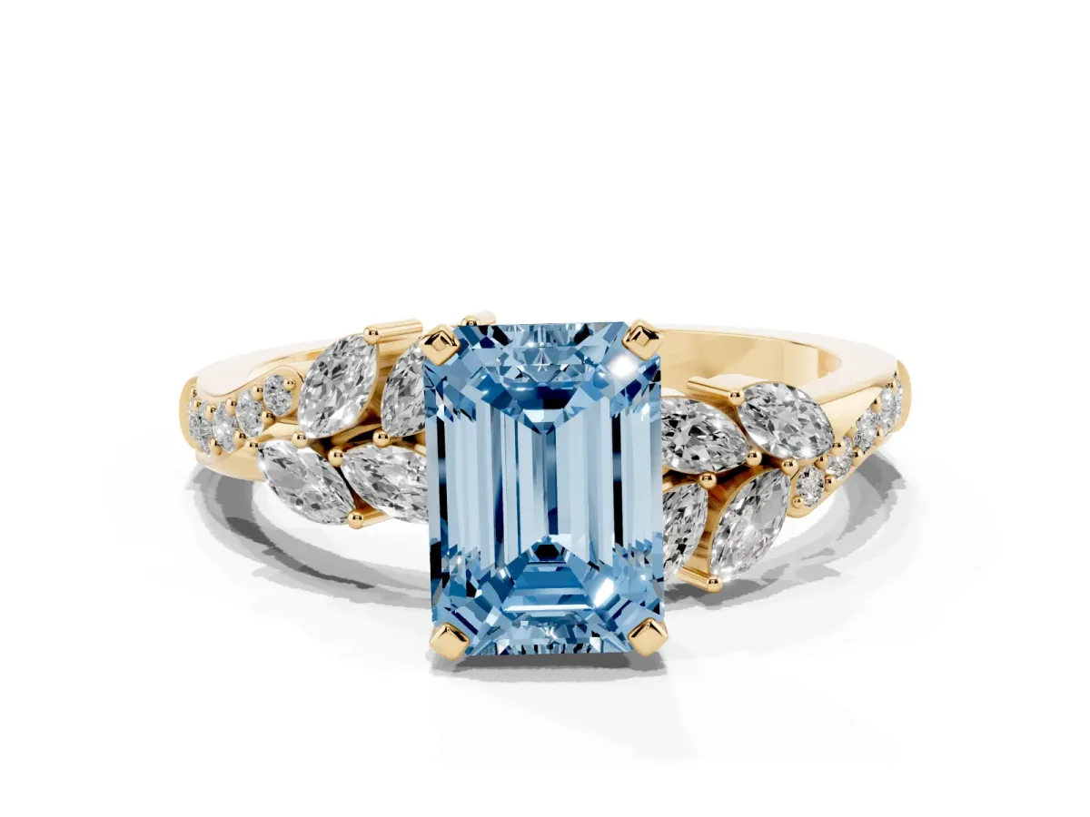 Fancy Blue Emerald Cut Solitaire Marquise Twist Band with Six-Prong Setting Yellow gold
