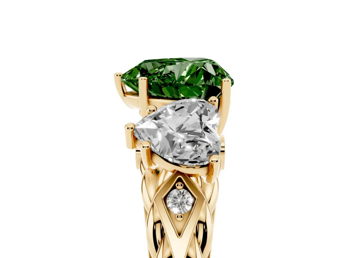 Fancy Green Three-Stone Heart Cut Diamond Braided Band Ring with Four-Prong Setting Yellow gold
