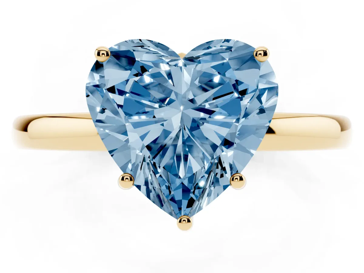 Fancy Blue Heart Cut Solitaire Diamond Ring with Prong Setting and Plain Band Yellow gold