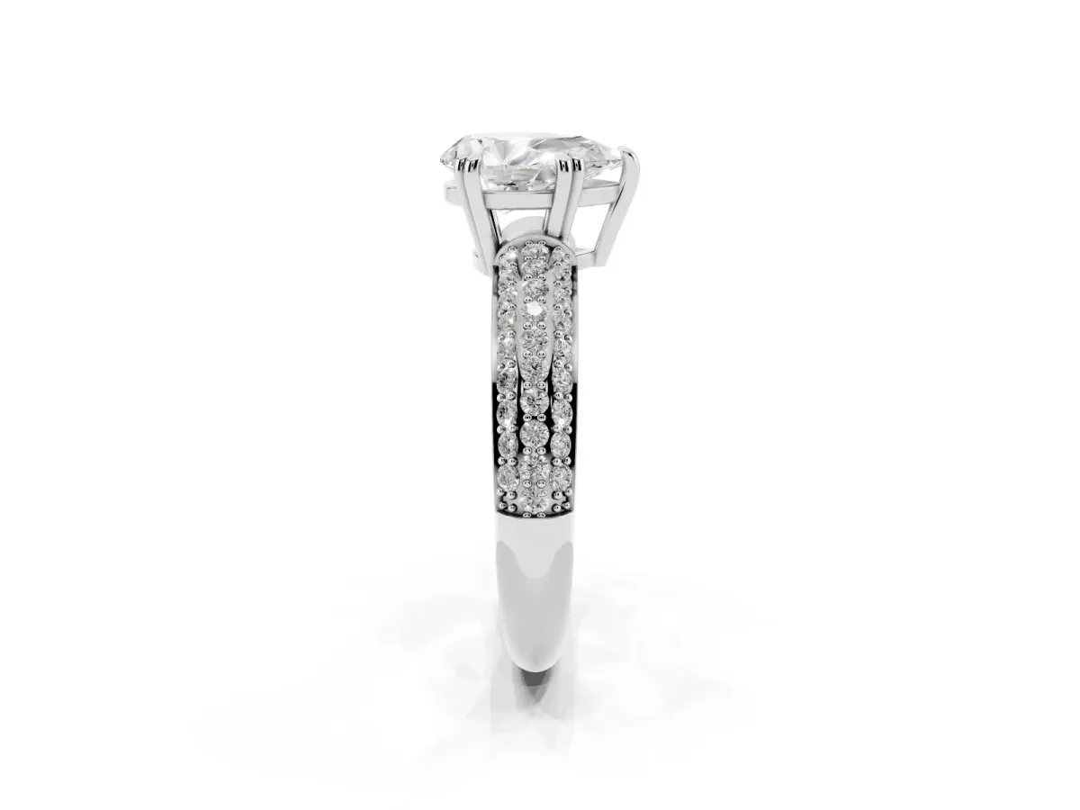 Pear Cut Diamond Solitaire Ring with Multi-Row Round Pavé Band and Prong Setting Silver