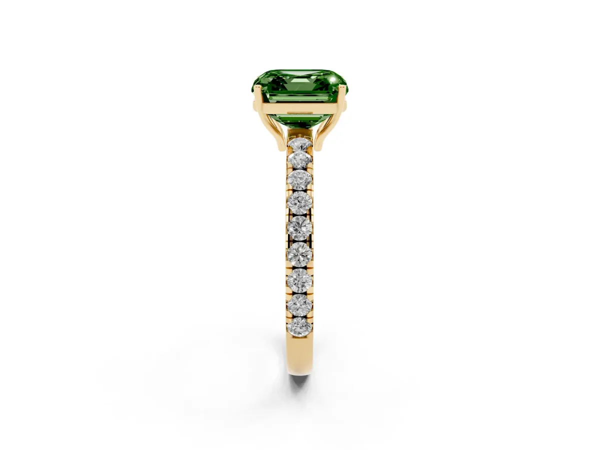Fancy Green Asscher Cut Diamond Pavé Solitaire Engagement Ring with Four-Prong Setting Yellow gold