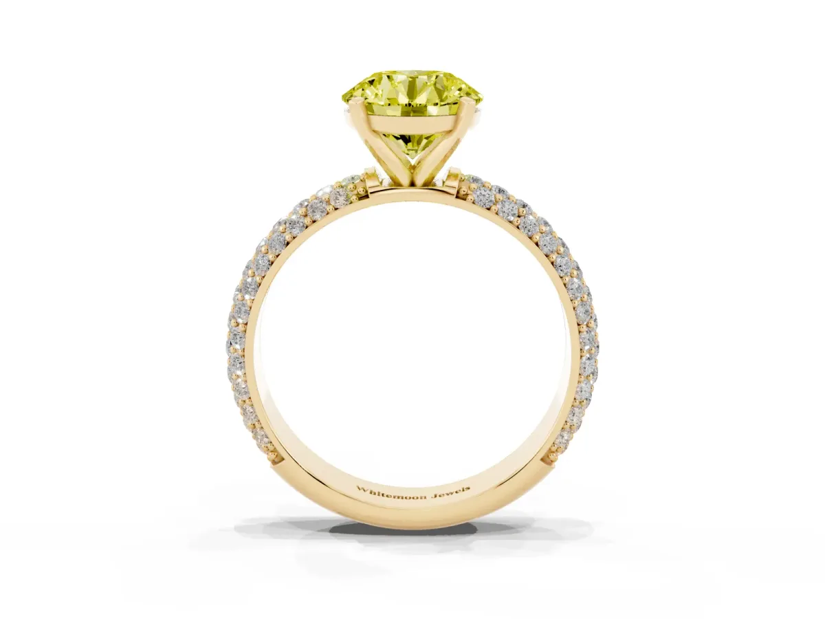 Fancy Yellow Round Cut Diamond Solitaire Ring with Prong Setting and Pavé Band Yellow gold