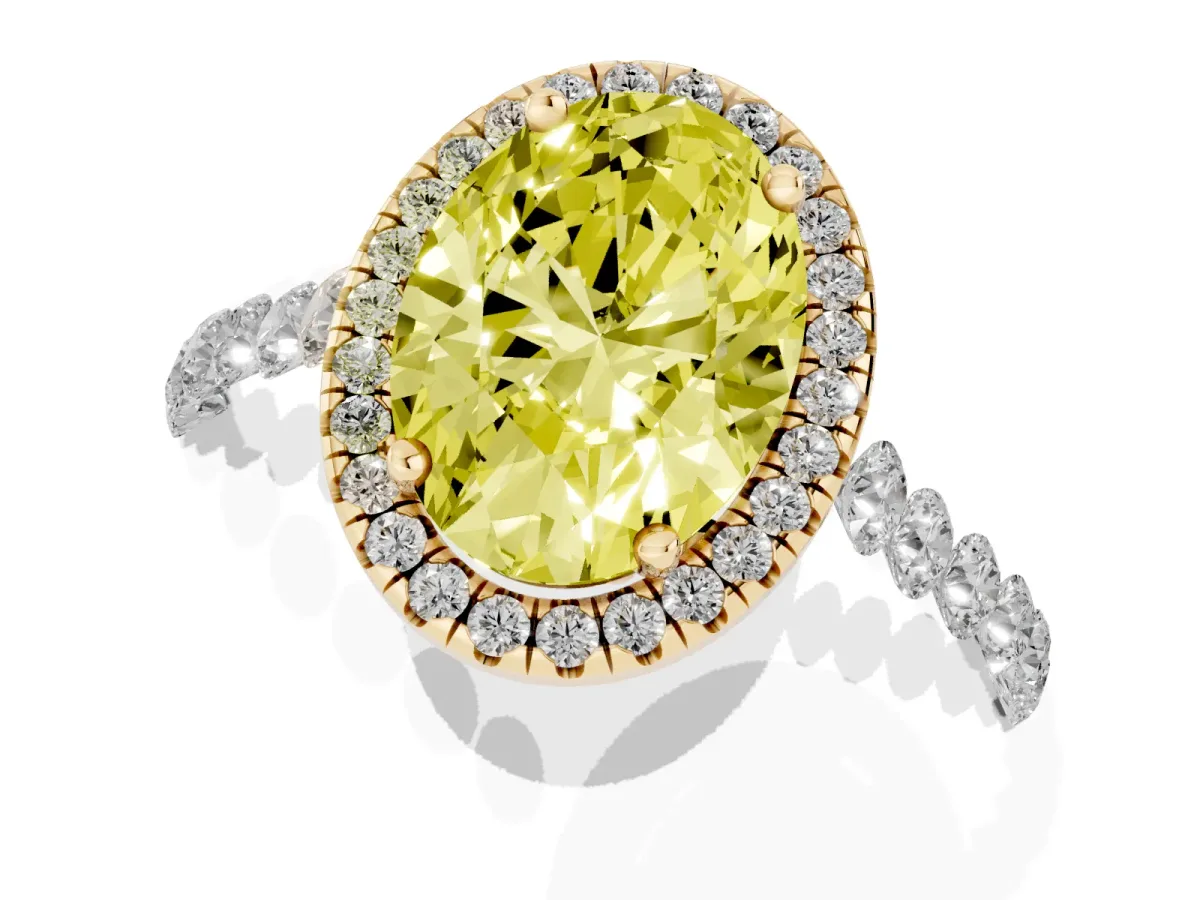Fancy Yellow Oval Cut Halo Pavé Diamond Engagement Ring with Four-Prong Setting Yellow gold