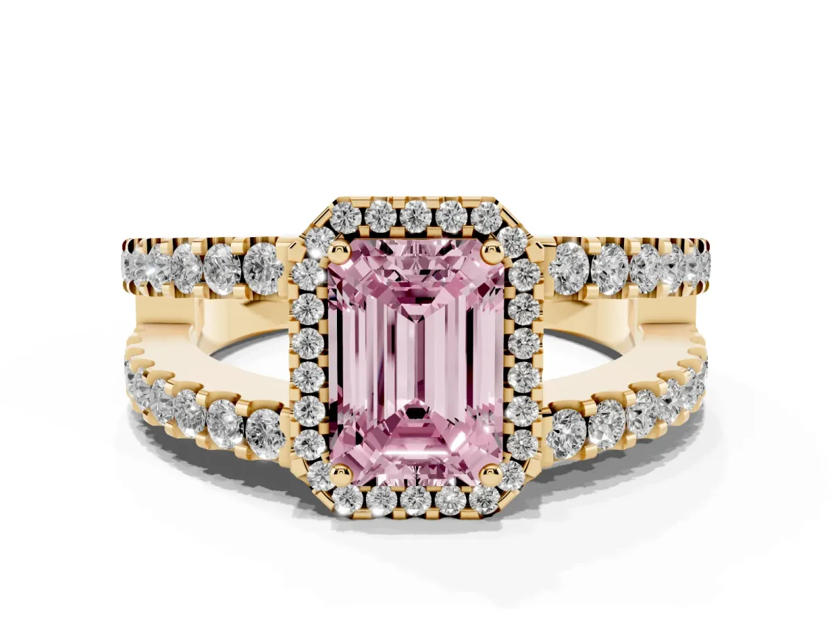 Fancy Pink Emerald Cut Cut Halo Split Shank Diamond Ring with Four-Prong Setting Yellow gold