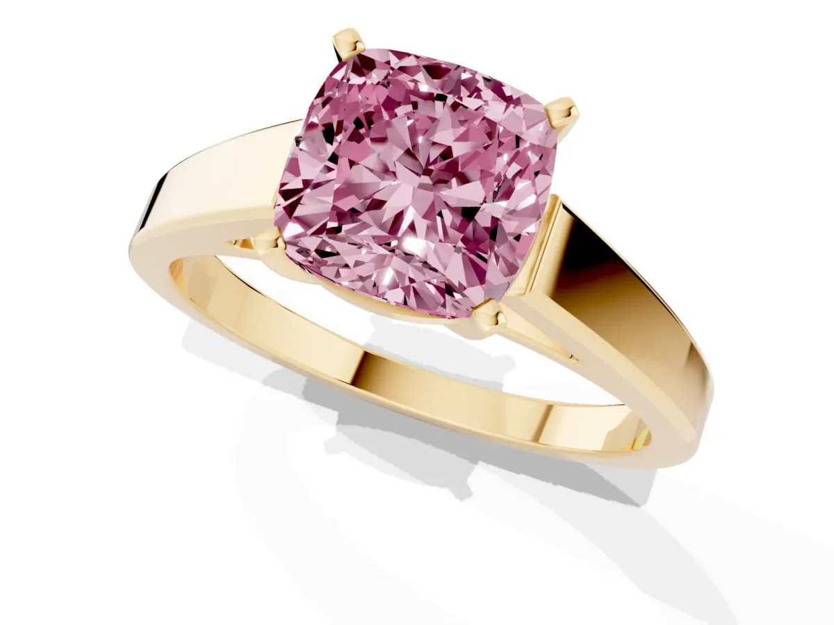 Fancy Pink Cushion Cut Solitaire Engagement Ring with Four-Prong Setting and Tapered Band Yellow gold