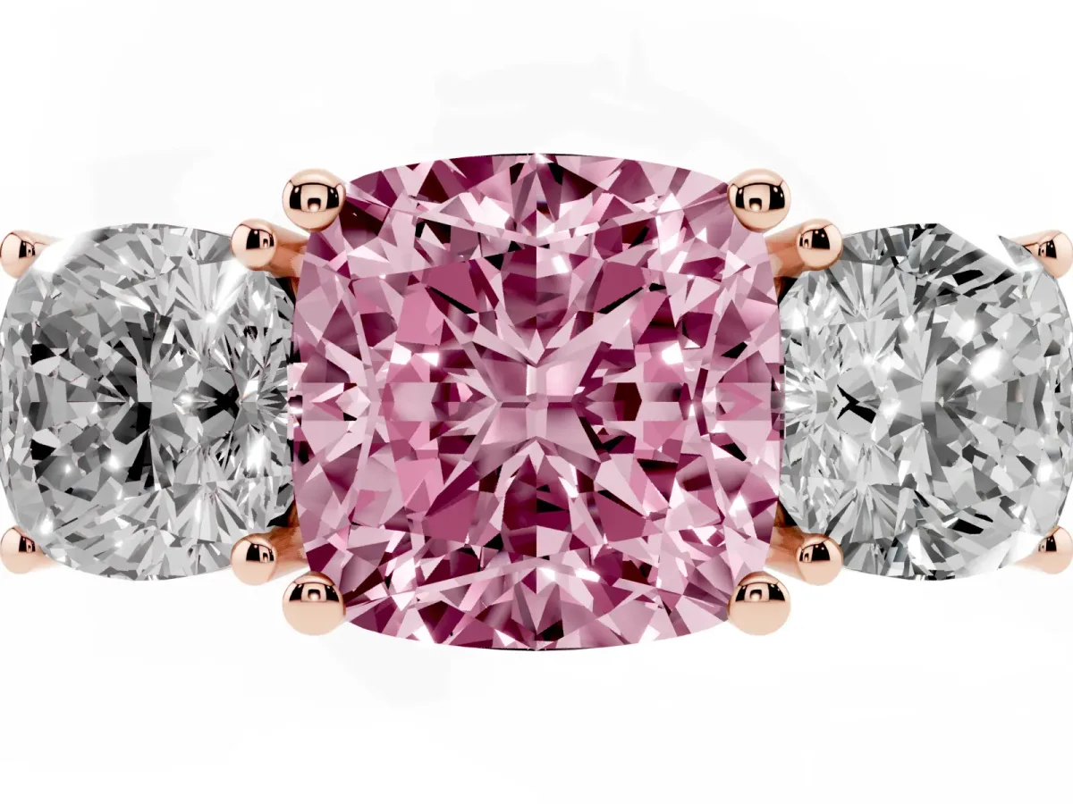 Fancy Pink Three-Stone Cushion Cut Cut Diamond Engagement Ring with Flat Band and Four-Prong Setting Rose gold