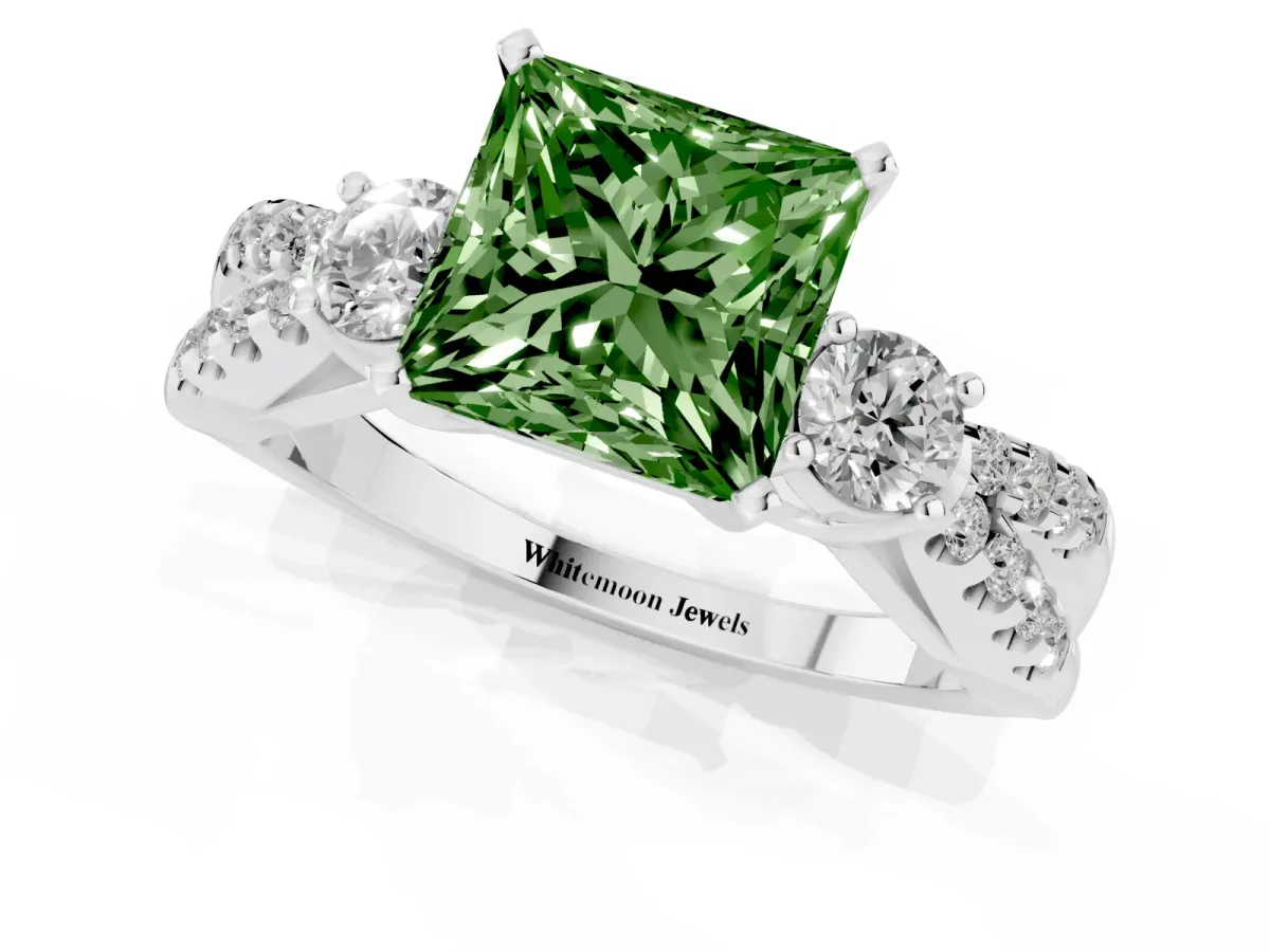Fancy Green Princess Cut Diamond Three-Stone Ring with Pavé Split Shank and Four-Prong Setting Platinum
