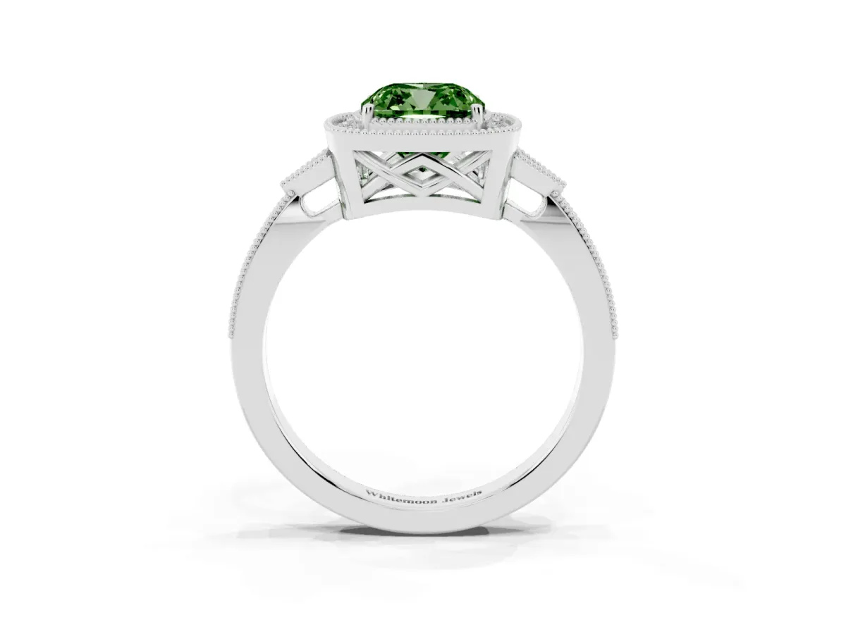 Fancy Green Cushion Cut Halo Round Diamond Milgrain Pave Engagement Ring Silver