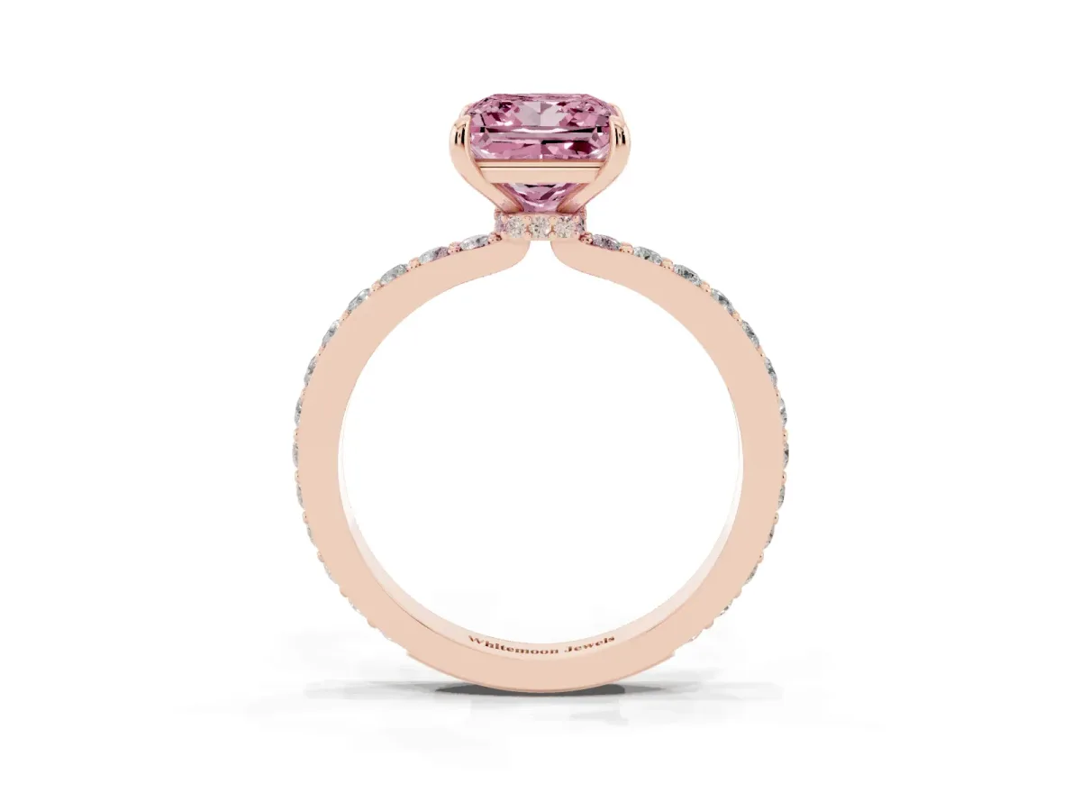 Fancy Pink Princess Cut Diamond Pavé Engagement Ring with Round Accents and Prong Setting Rose gold