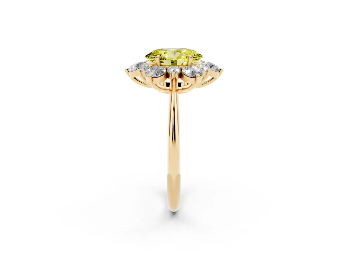 Fancy Yellow Oval Cut Diamond Cluster Halo Ring with Solitaire Band and Four-Prong Setting Yellow gold
