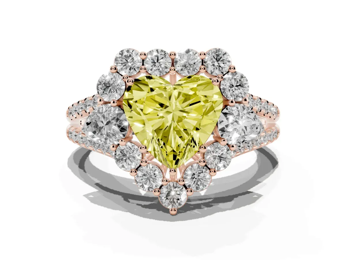 Fancy Yellow Heart Cut Halo Split Shank Diamond Engagement Ring with Prong Setting Rose gold