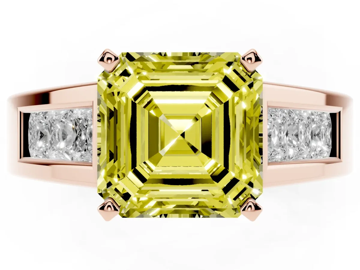 Fancy Yellow Asscher Cut Cut Channel Set Solitaire Ring with Four-Prong Setting Rose gold