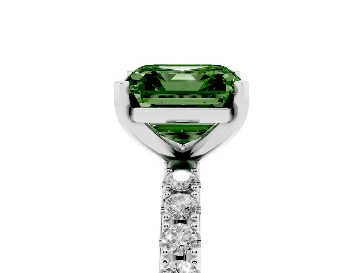 Fancy Green Asscher Cut Diamond Solitaire Pavé Band with Four-Prong Setting Silver