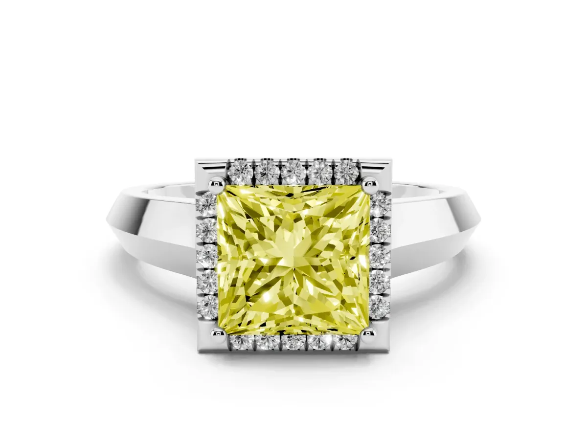 Fancy Yellow Princess Cut Halo Diamond Ring with Cathedral Band and Four-Prong Setting Platinum