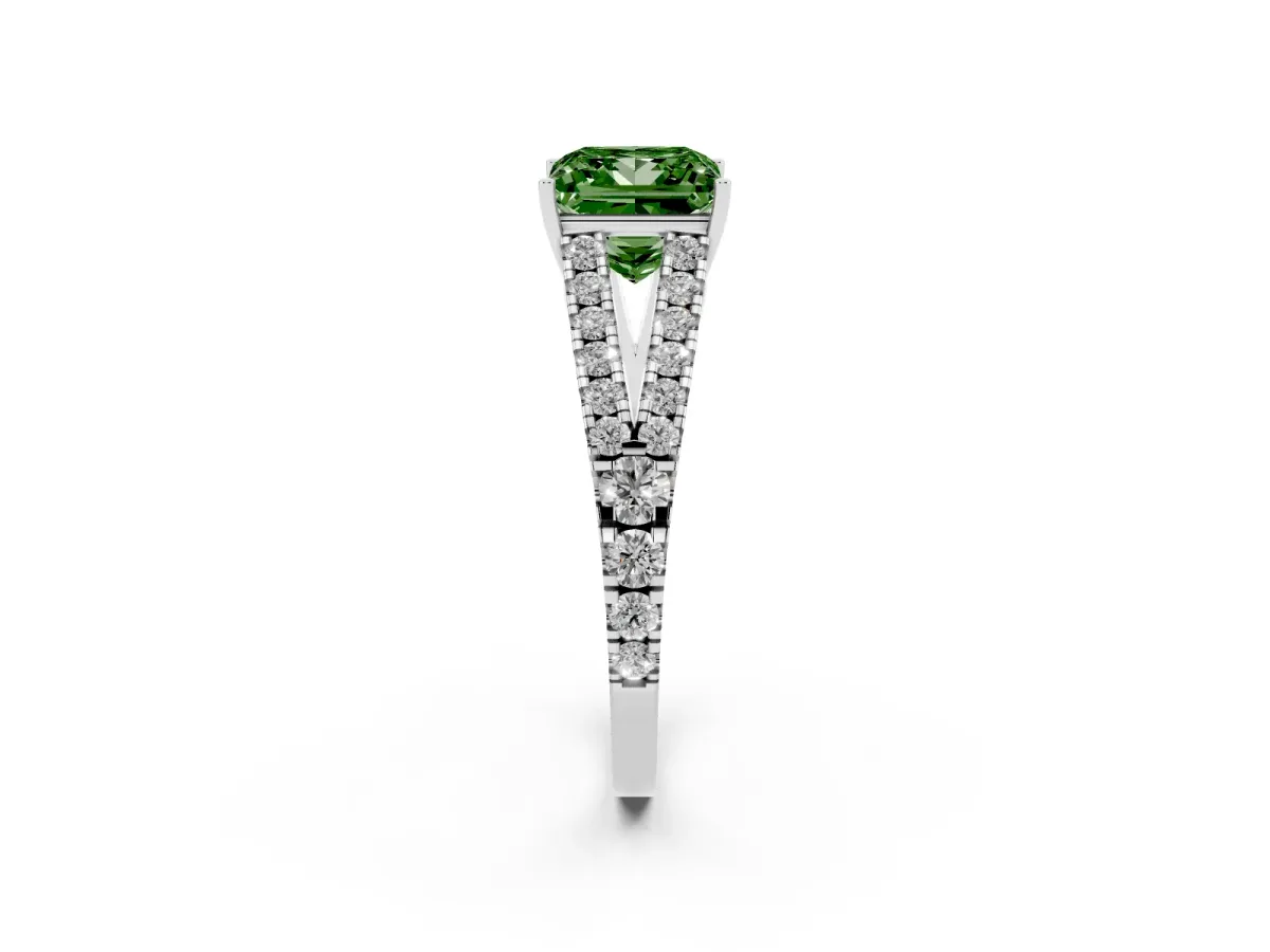 Fancy Green Princess Cut Diamond Split Shank Pavé Engagement Ring with Four-Prong Setting Platinum
