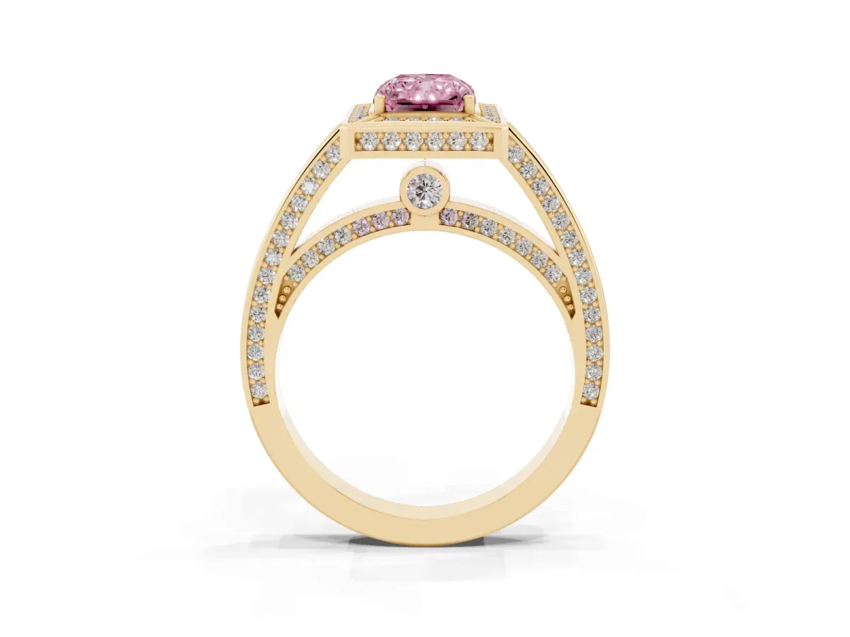 Fancy Pink Radiant Cut Cut Halo Pave Split Shank Prong Setting Ring Yellow gold