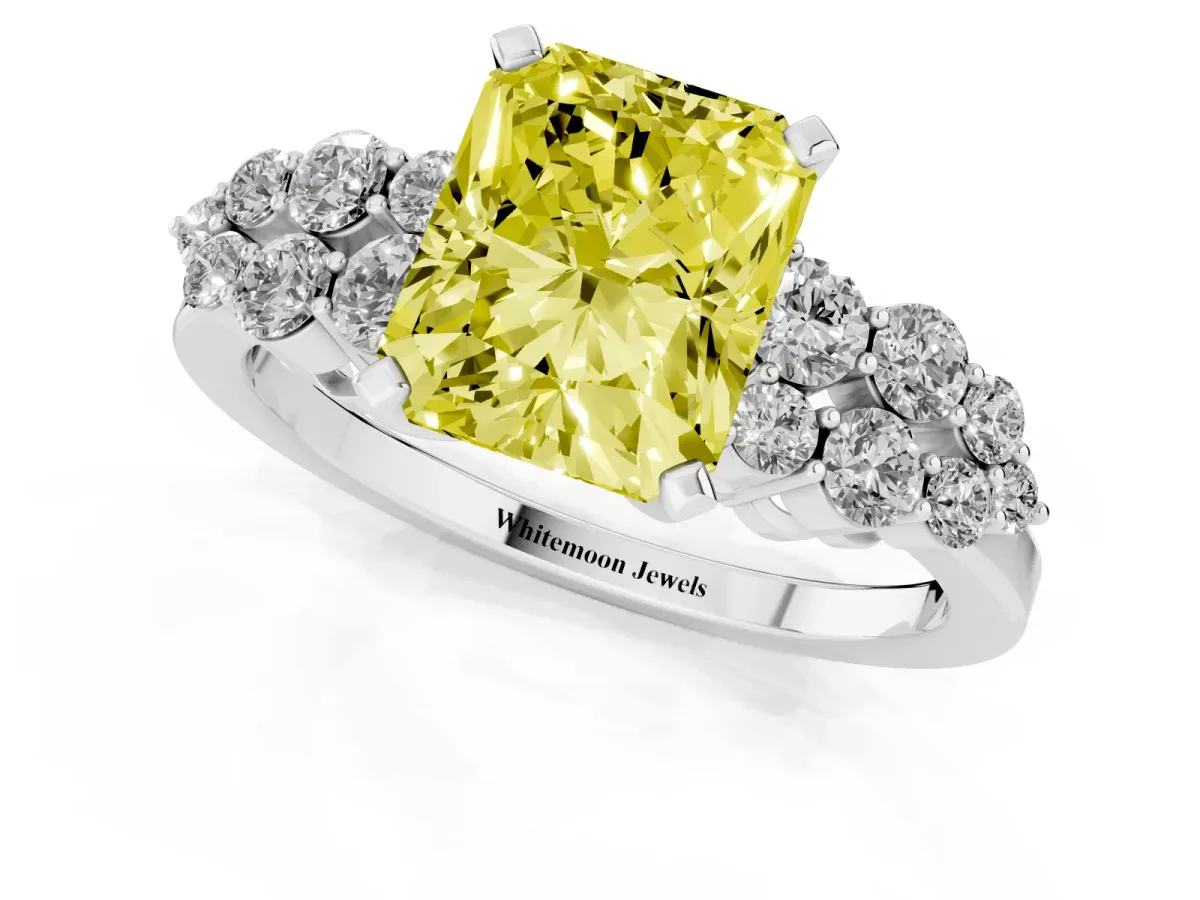 Fancy Yellow Radiant Cut Cluster Diamond Engagement Ring with Pavé Band and Four-Prong Setting White gold