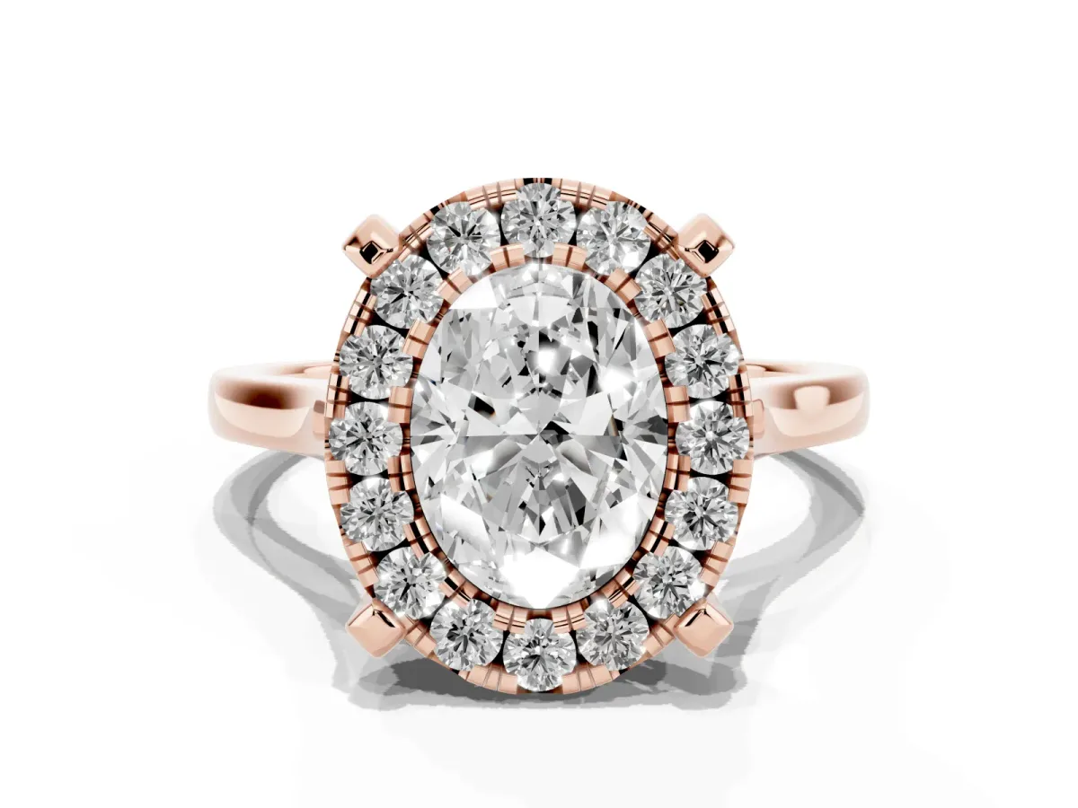 Oval Cut Diamond Cluster Halo Solitaire with Four-Prong Setting Rose gold